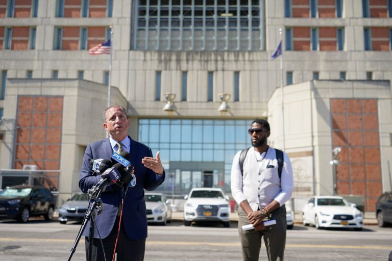 New York City Comptroller Brad Lander speaks during a news conference outside the Metropolitan Detention Center in the Sunset Park neighborhood of Brooklyn.