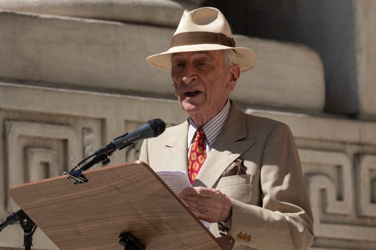 American writer Gay Talese speaks outside the New York Public Library in New York. 