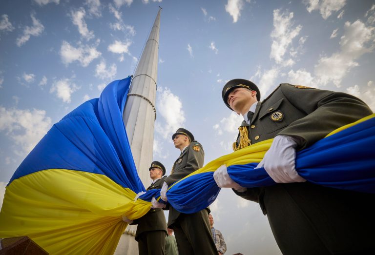 Honor guard soldiers prepare to rise the Ukrainian national flag during State Flag Day celebrations in Kyiv, Ukraine, on Tuesday.
