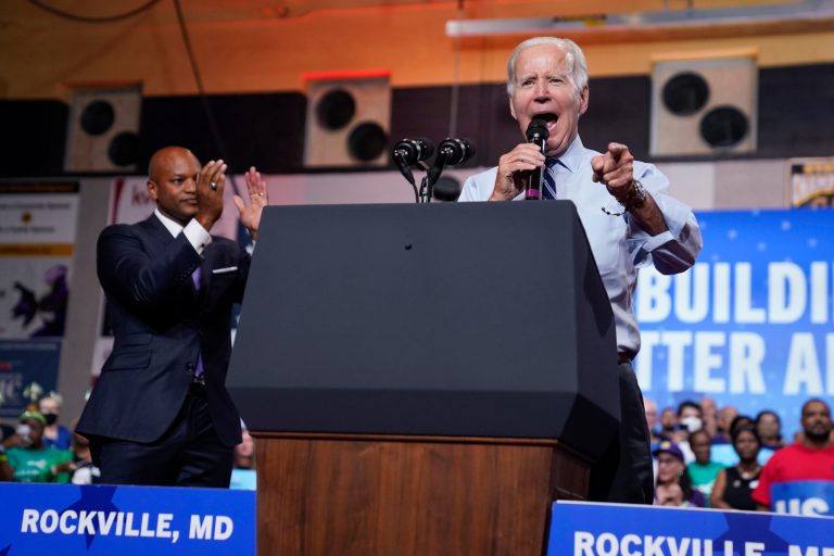President Joe Biden speaks during a rally hosted by the Democratic National Committee at Richard Montgomery High School.