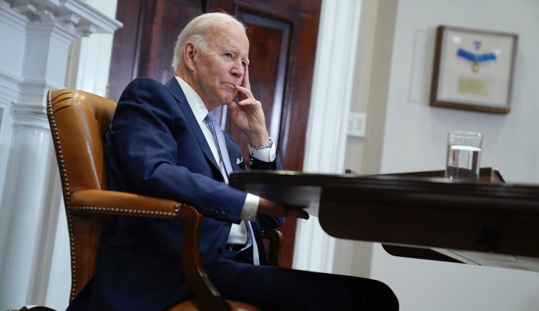 President Joe Biden listens during a meeting with state and local elected officials about reproductive health care, in the Roosevelt Room of the White House, Friday, Aug. 26, 2022, in Washington.
