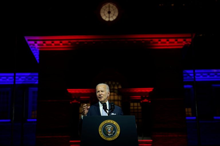 President Joe Biden speaks outside Independence Hall on Sept. 1 in Philadelphia.