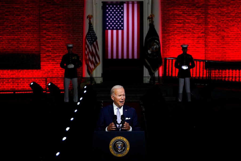Biden’s ‘blood red’ backdrop steals show in speech attacking MAGA