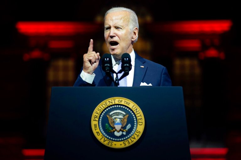 President Joe Biden speaks outside Independence Hall in Philadelphia. 