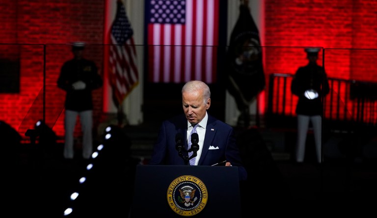President Joe Biden closes his binder as he finishes speaking outside Independence Hall, Thursday, Sept. 1, 2022, in Philadelphia.