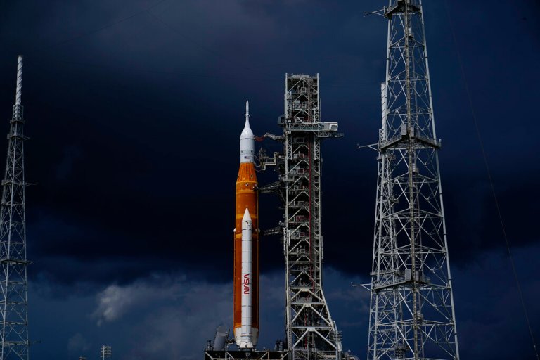 The NASA moon rocket stands on Pad 39B before the Artemis 1 mission to orbit the moon at the Kennedy Space Center, Friday, Sept. 2, 2022, in Cape Canaveral, Fla. 