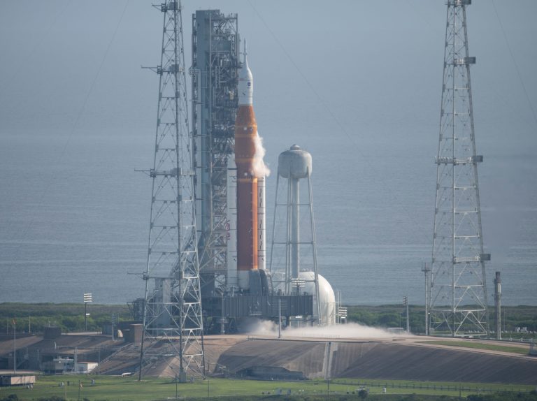 NASA's new moon rocket sits on Launch Pad 39-B hours ahead of a planned launch at the Kennedy Space Center Saturday, Sept. 3, 2022, in Cape Canaveral, Florida.