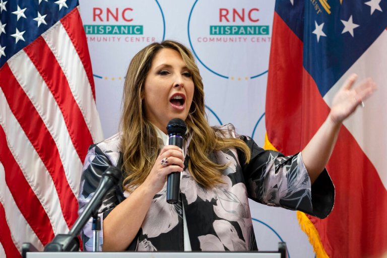 FILE - Republican National Committee Chair Ronna McDaniel speaks to a packed room at the opening of the RNC's new Hispanic Community Center in Suwanee, Georgia.