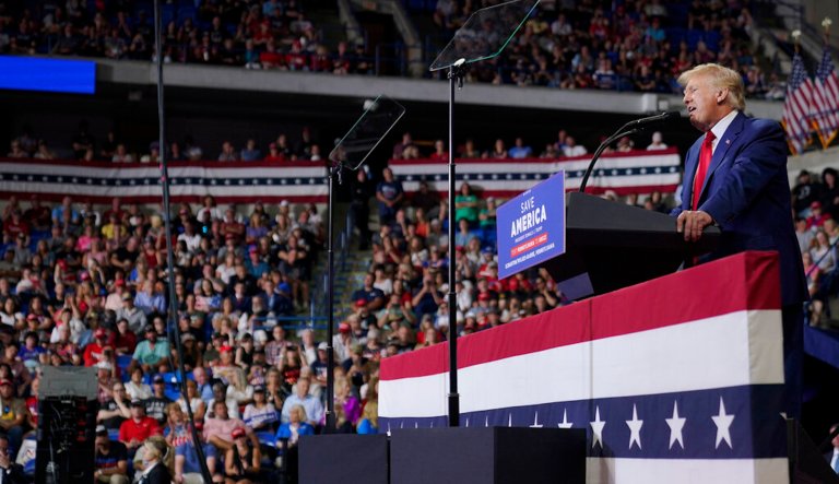 ‘A travesty of justice’: Trump erupts at Democrats at first rally after FBI raid