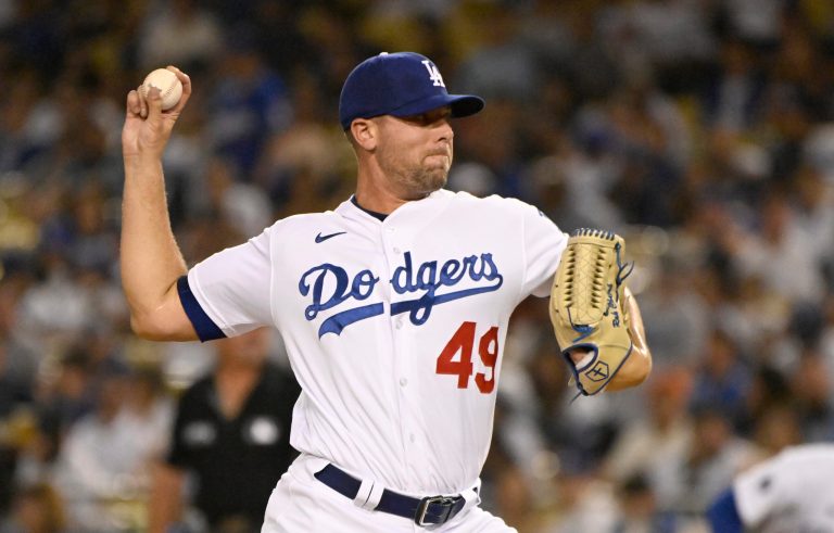Los Angeles Dodgers' Blake Treinen pitches against the San Francisco Giants during the seventh inning of a baseball game Monday, Sept. 5, 2022, in Los Angeles.