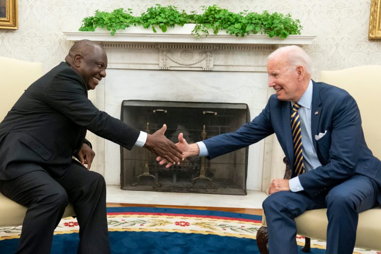 President Joe Biden shakes hands with South African President Cyril Ramaphosa in the Oval Office of the White House on Sept. 16, 2022, in Washington. 