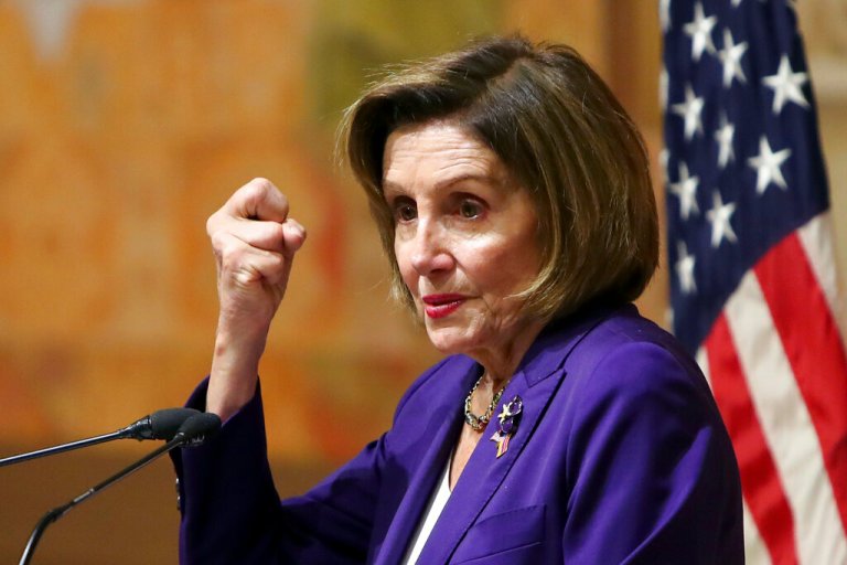 U.S. House of Representatives Nancy Pelosi gestures while speaking at an event.