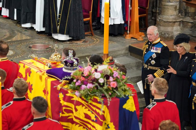 King Charles III attends the funeral of Queen Elizabeth II at Westminster Abbey.