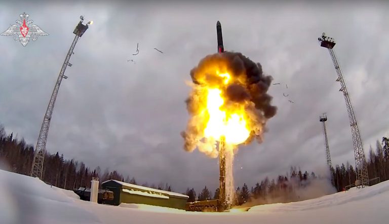 This photo taken from video provided by the Russian Defense Ministry Press Service on Feb. 19 shows a Yars intercontinental ballistic missile being launched from an air field during military drills. 
