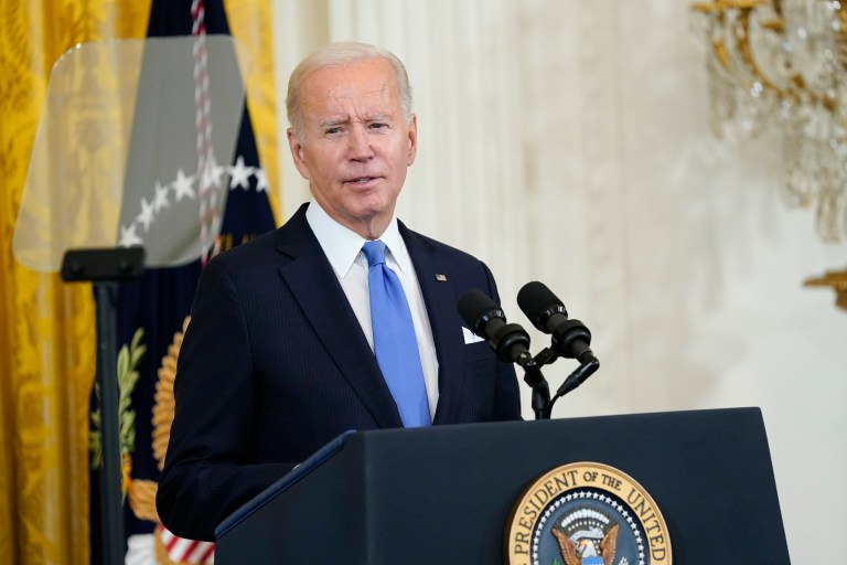 President Joe Biden speaks during a reception in the East Room of the White House for Hispanic Heritage Month in Washington, Friday, Sept. 30, 2022.