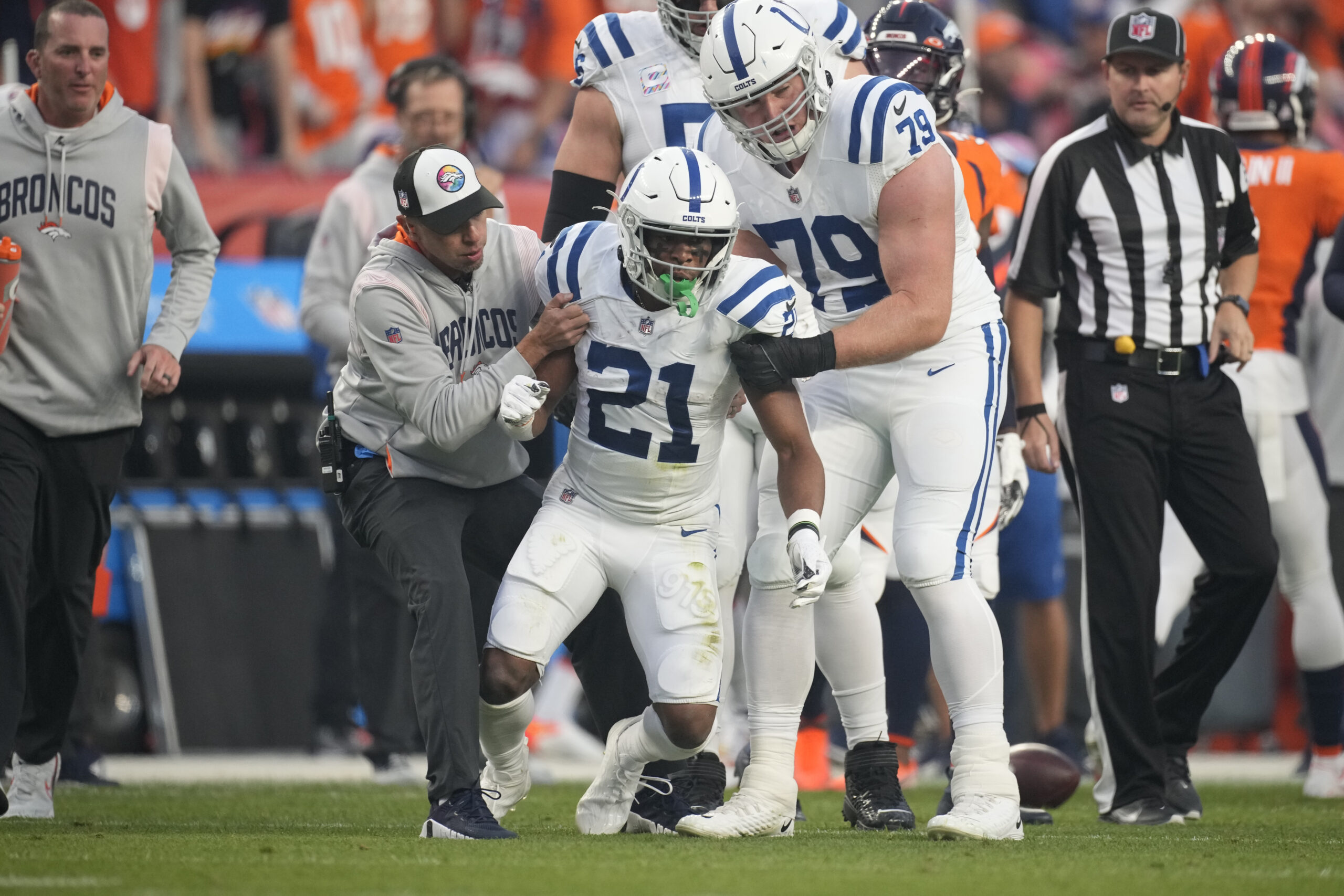 Colts running back Nyheim Hines stumbles off field after hard hit