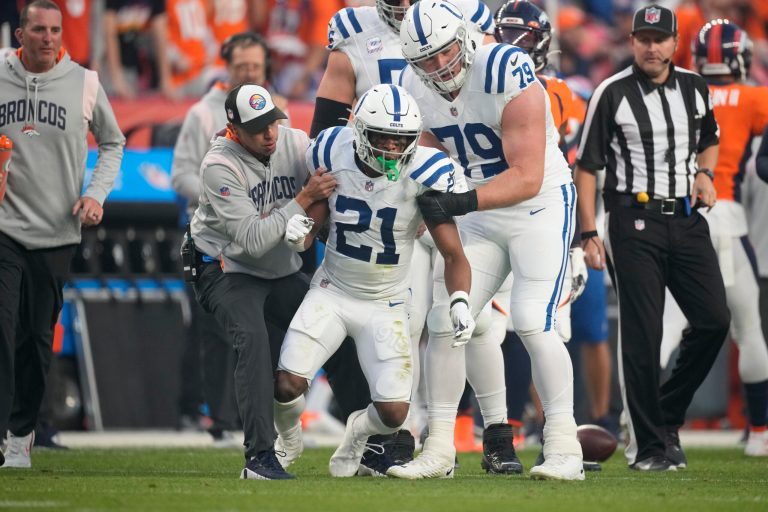 Colts running back Nyheim Hines stumbles off field after hard hit