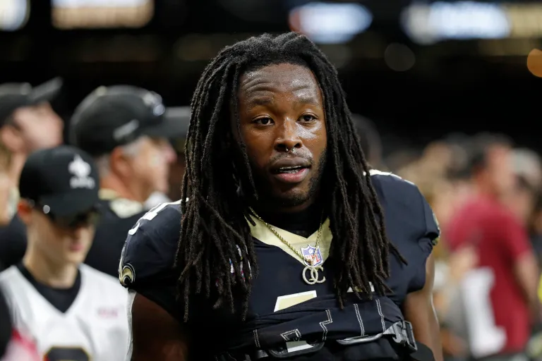 New Orleans Saints running back Alvin Kamara (41) warms up before an NFL football game against the Seattle Seahawks, Sunday, Oct. 9, 2022, in New Orleans.
