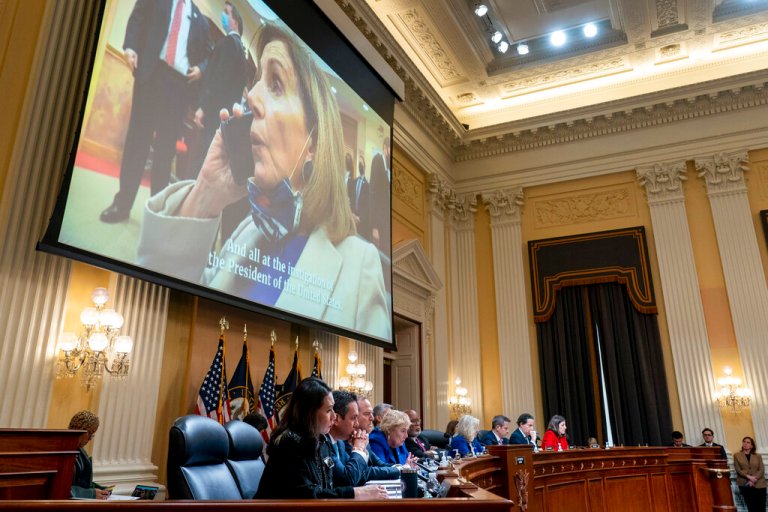 A video of House Speaker Nancy Pelosi of Calif., during the breach of the U.S. Capitol building on Jan. 6, 2021, is played as the House select committee investigating the Jan. 6 attack on the U.S. Capitol holds a hearing on Capitol Hill in Washington, Thursday, Oct. 13, 2022. 