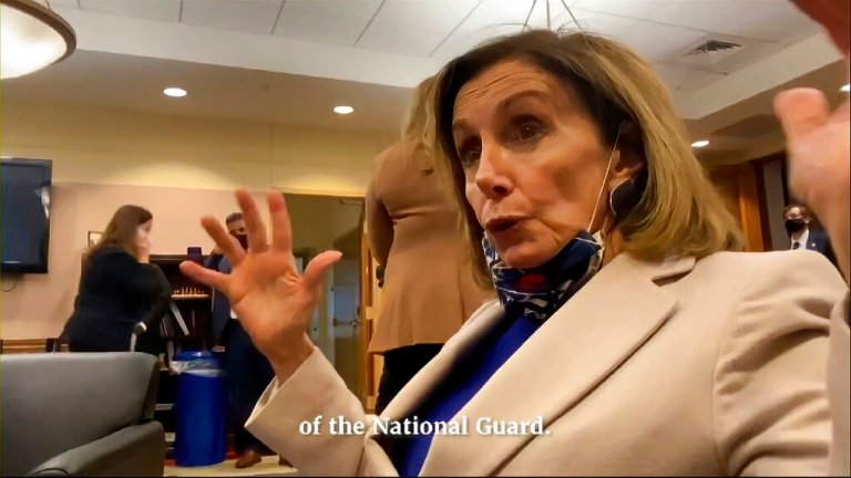 This exhibit from video released by the House Select Committee, shows House Speaker Nancy Pelosi of Calif., in her secure location, displayed at a hearing by the House select committee investigating the Jan. 6 attack on the U.S. Capitol, Thursday, Oct. 13, 2022, on Capitol Hill in Washington.