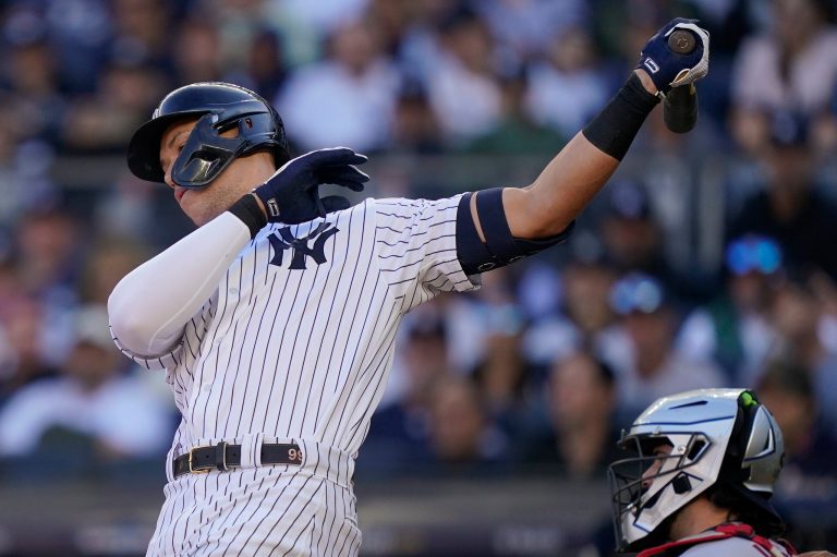 New York Yankees Aaron Judge strikes out swinging against the Cleveland Guardians during the seventh inning of Game 2 of an American League Division baseball series, Friday, Oct. 14, 2022, in New York.