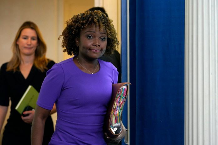 White House press secretary Karine Jean-Pierre walks into the briefing room for the daily briefing at the White House in Washington, Monday, Oct. 17, 2022. 