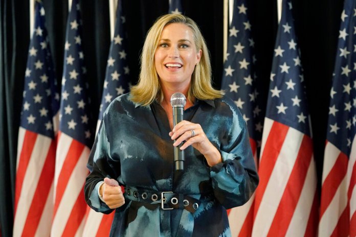Republican Tiffany Smiley speaks on Aug. 2, 2022, at a Republican Party event on Election Day in Issaquah, Wash., east of Seattle. Smiley faces Democratic incumbent Patty Murray in the November election. 