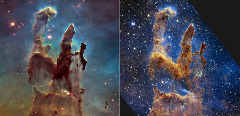 This combination image provided by NASA on Wednesday, Oct. 19, 2022, shows the Pillars of Creation as imaged by NASA's Hubble Space Telescope in 2014, left, and by NASA's James Webb Telescope, right. The new, near-infrared-light view from the James Webb Space Telescope helps us peer through more of the dust in the star-forming region, according to NASA.