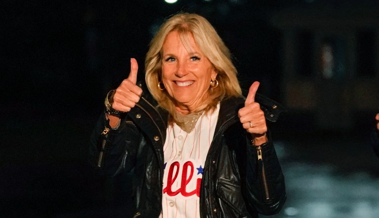 First lady Jill Biden gestures in support of the Philadelphia Phillies, Sunday, Oct. 23, 2022. 