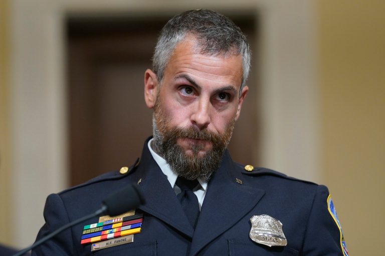Washington Metropolitan Police Department officer Michael Fanone listens during the House select committee hearing on the Jan. 6 attack on Capitol Hill in Washington, July 27, 2021.