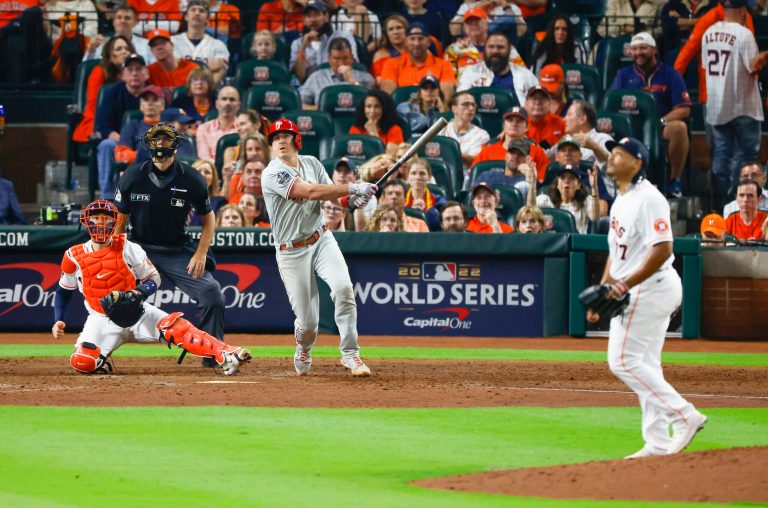 Philadelphia Phillies' J.T. Realmuto hits a solo home run in the 10th inning of Game 1 of the World Series against the Houston Astros at Minute Maid Park in Houston, Texas, on Oct. 28, 2022.