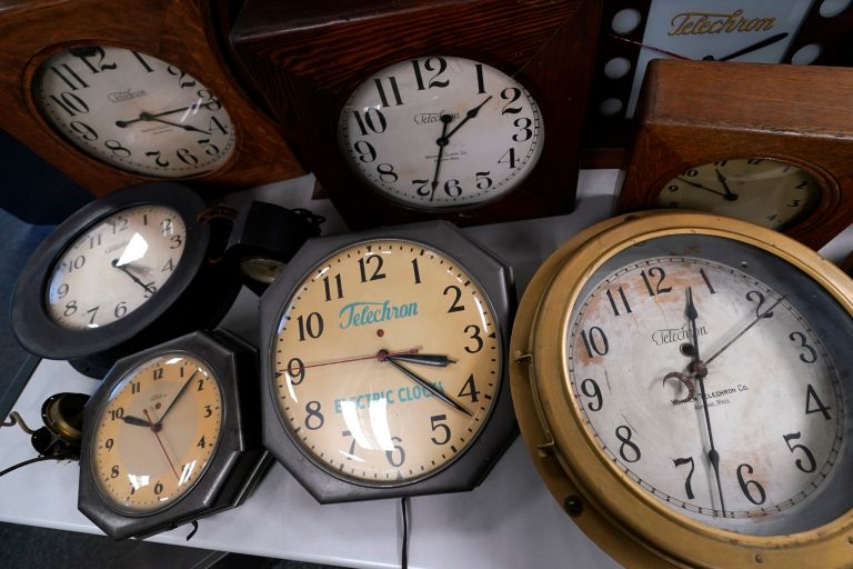 A selection of vintage clocks are displayed at Electric Time Company, Tuesday, Nov. 1, 2022, in Medfield, Massachusetts. Daylight Savings Time begins on March 12, 2023. (AP Photo/Charles Krupa)