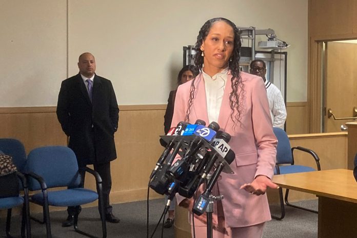 San Francisco District Attorney Brooke Jenkins speaks with reporters following a court hearing for David DePape, the man accused of attacking the husband of Speaker Nancy Pelosi, in San Francisco.
