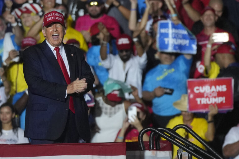 Former President Donald Trump reacts to the crowd after he finished speaking at a campaign rally in support of the campaign of Sen. Marco Rubio, R-Fla., at the Miami-Dade County Fair and Exposition on Sunday, Nov. 6, 2022, in Miami.