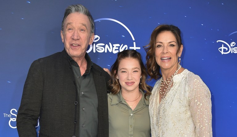 Tim Allen (left), Elizabeth Allen-Dick, and Jane Hajduk (right) arrive at the premiere of "The Santa Clauses" on Sunday, Nov. 6, 2022, in Burbank, California.