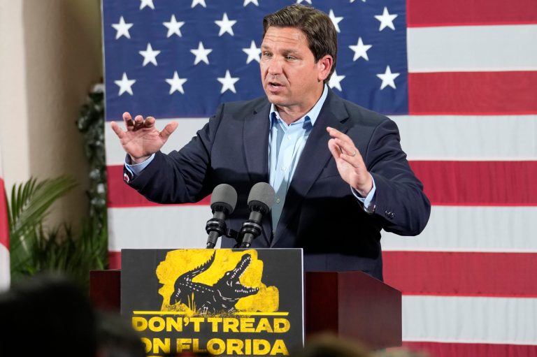 Republican Florida Governor Ron DeSantis speaks during a campaign rally on Monday, Nov. 7, 2022, in Hialeah, Fla. 