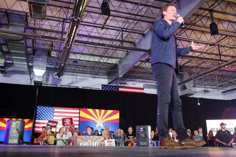 GOP Senate candidate Blake Masters speaks before Kari Lake at the Countdown to Karizona Election Eve Concert & Rally at Dillon Precision in Scottsdale, Arizona, on Nov. 6, 2022.