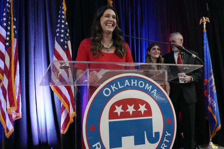United States Rep. Stephanie Bice speaks to the crowd as she claims victory for a second term at a Republican Party watch party Tuesday, Nov. 8, 2022, in Oklahoma City. 