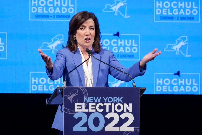 New York Gov. Kathy Hochul speaks to supporters during her election-night party Tuesday, Nov. 8, 2022, in New York.