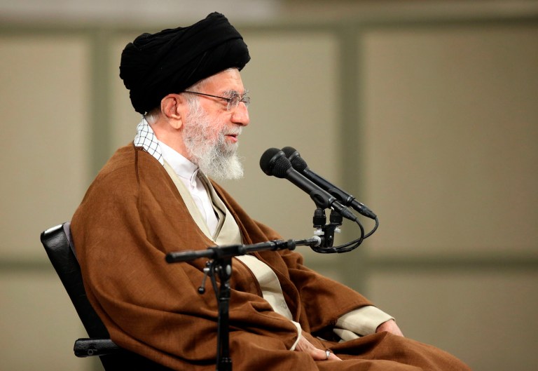 Supreme Leader Ayatollah Ali Khamenei speaks during a meeting with a group of Basij paramilitary force in Tehran, Iran, Saturday, Nov. 26, 2022.