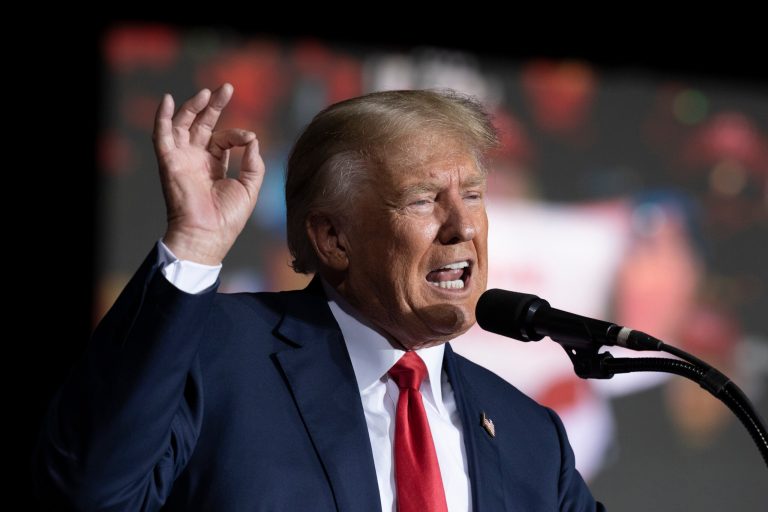 FILE - Former President Donald Trump speaks at the Minden Tahoe Airport in Minden, Nev., on Oct. 8, 2022.