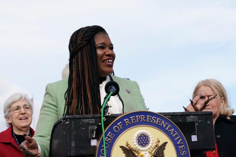 Rep. Cori Bush, D-Mo., speaks during a news conference as advocates call on the Senate to affirm the Equal Rights Amendment (ERA) as the 28th Amendment to the Constitution, Thursday, Dec. 8, 2022, on Capitol Hill in Washington.