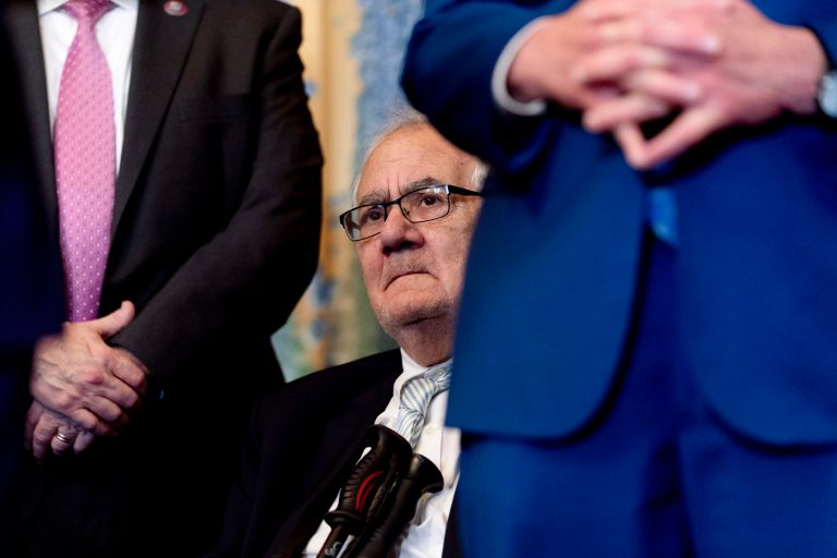 Former Rep. Barney Frank, D-Mass., sits onstage before House Speaker Nancy Pelosi of Calif., signs the H.R. 8404, the Respect For Marriage Act, on Capitol Hill in Washington, Thursday, Dec. 8, 2022. 