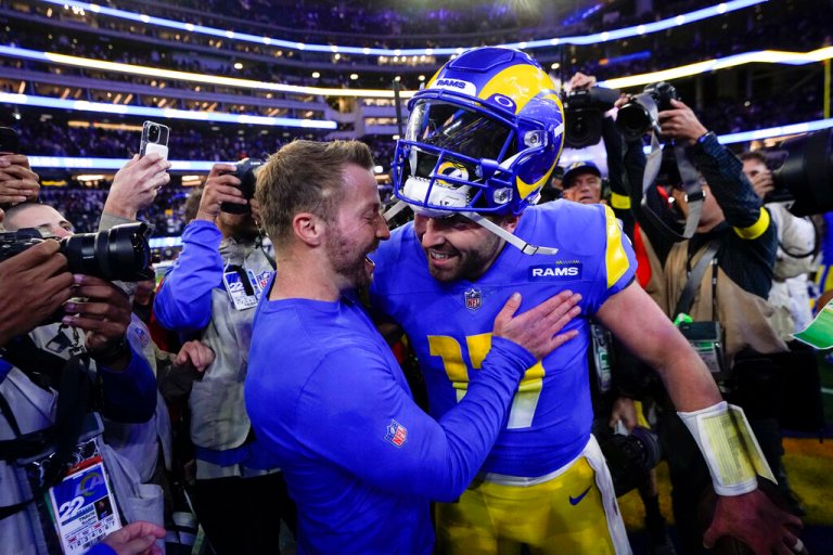 Los Angeles Rams head coach Sean McVay, left, embraces quarterback Baker Mayfield after the Rams defeated the Las Vegas Raiders 17-16 in an NFL football game Thursday, Dec. 8, 2022.