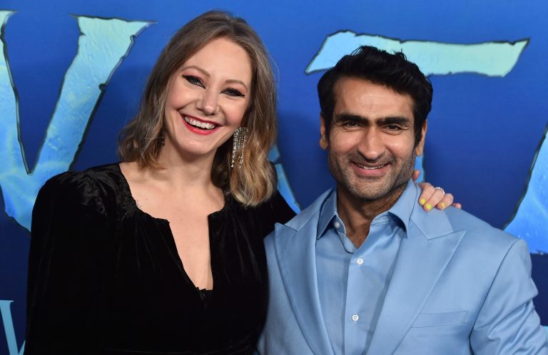 Kumail Nanjiani, right, and Emily V. Gordon arrive at the U.S. premiere of 