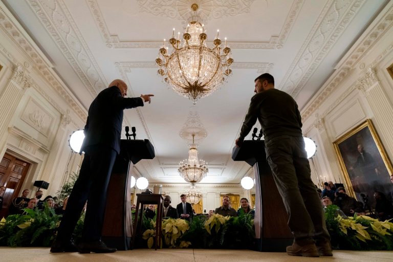 President Joe Biden speaks during a news conference with Ukrainian President Volodymyr Zelensky in the East Room of the White House in Washington, Wednesday, Dec. 21, 2022. 