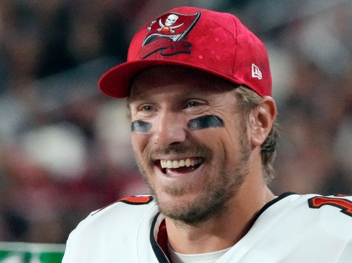 Tampa Bay Buccaneers quarterback Blaine Gabbert (11) during the second half of an NFL football game against the Arizona Cardinals, Sunday, Dec. 25, 2022, in Glendale, Ariz.