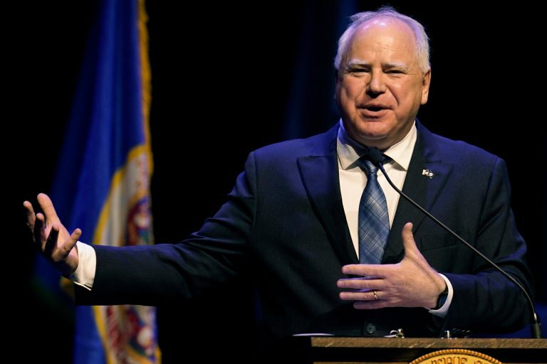 Minnesota Gov. Tim Walz delivers a speech after being sworn in for his second term during his inauguration, Monday, Jan. 2, 2023, in St. Paul, Minnesota.