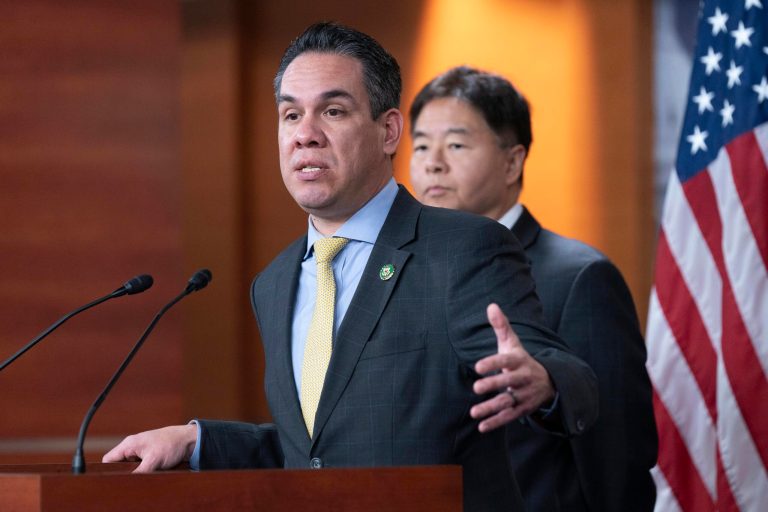 Democratic Caucus Chair Rep. Pete Aguilar, D-Calif., flanked by Rep. Ted Lieu, D-Calif., speaks during a news conference after a democratic caucus meeting on Capitol Hill, Wednesday, Jan. 4, 2023, in Washington. 