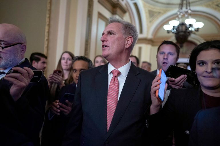 Rep. Kevin McCarthy leaves the House floor after the House voted to adjourn for the evening as the House met for a third day to try to elect a speaker and convene the 118th Congress on Capitol Hill in Washington, Thursday, Jan. 5, 2023. 